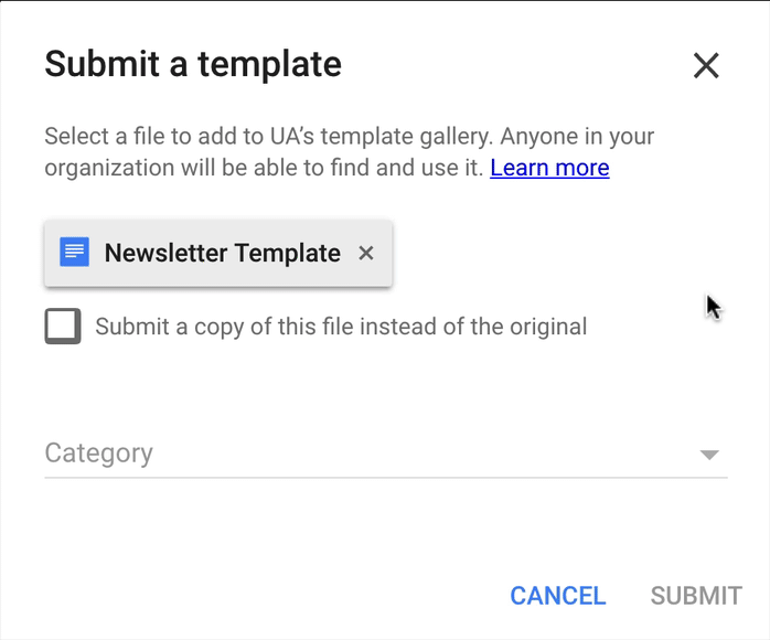 An animated GIF showing the setting for saving your document as a template.