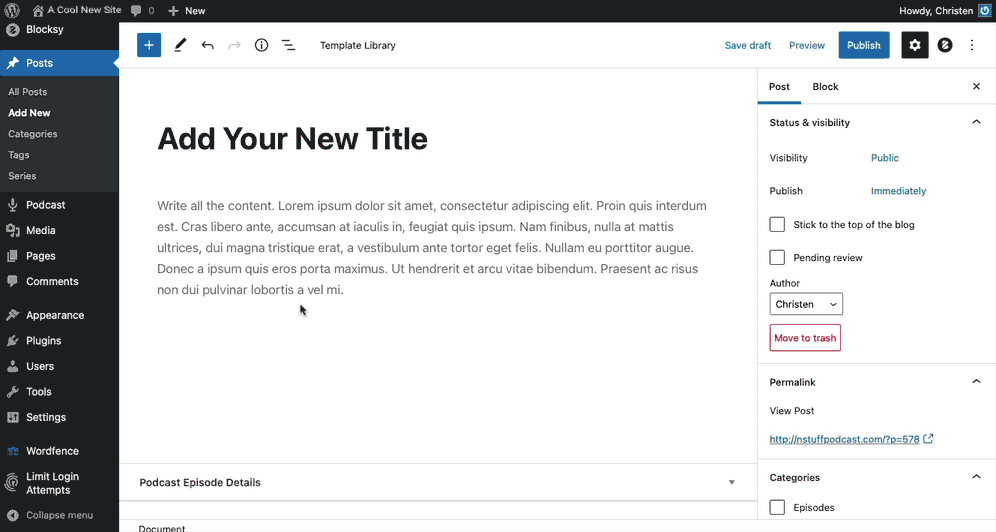 The interface for adding a layout pattern using the WordPress block editor.