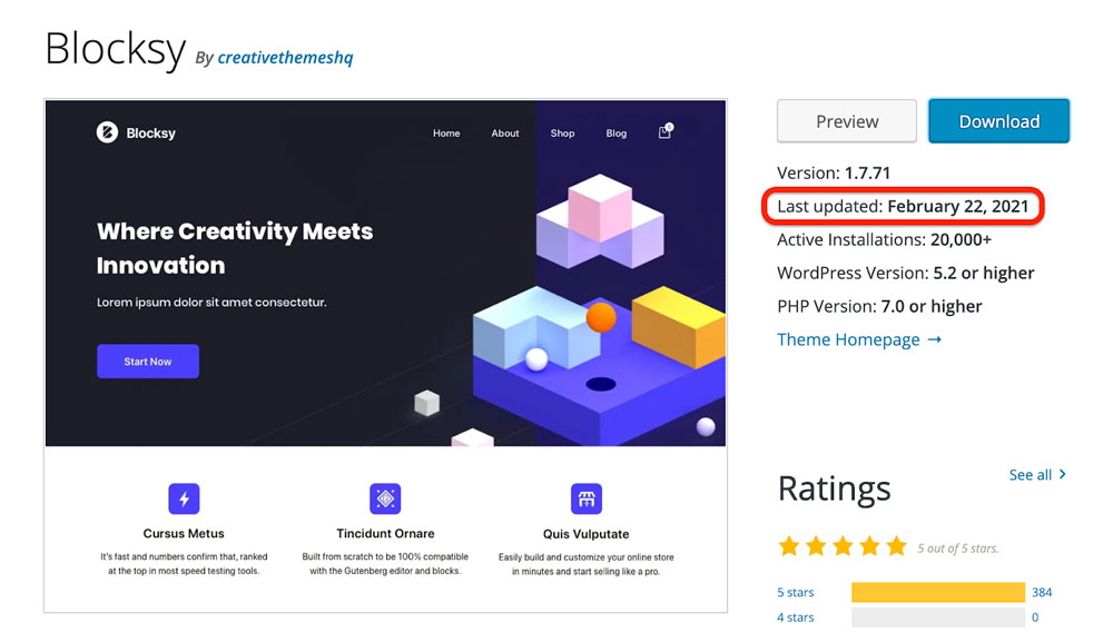 A screen showing where to find the Blocksy theme updates.