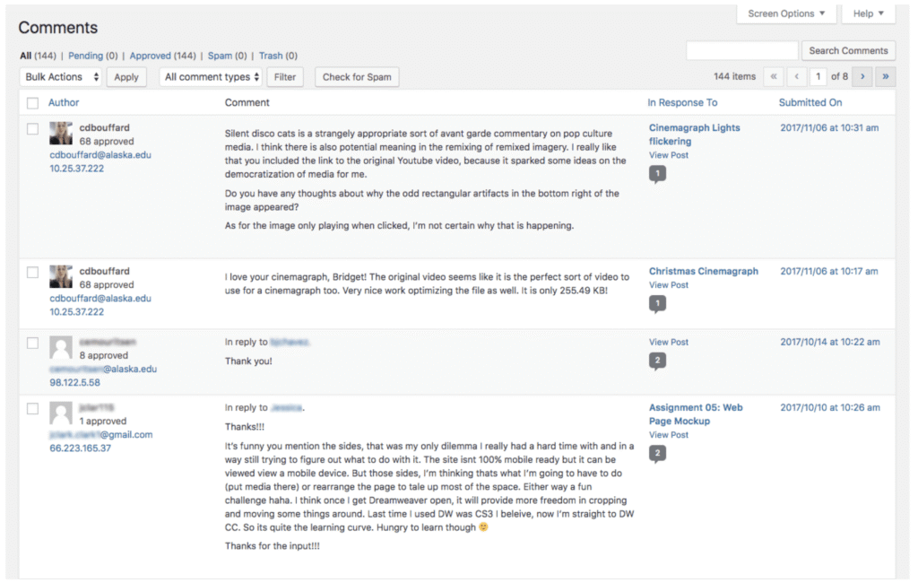 A screenshot of comments in WordPress