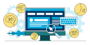This colorful image illustrates web accessibility or eAccessibility, inclusive websites, and web tools designed and coded so people who need different accommodations can use them.