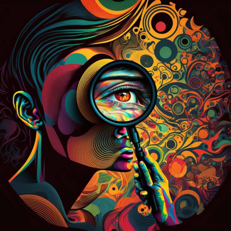 A colorful illustration of a stylized face and a hand holding a magnifying glass over a giant eye. The background is a colorful swirl of organically circular shapes.