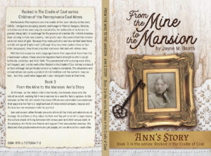 The cover of the book From the Mine to the Mansion, featuring a black and white portrait of a young woman in a gold frame, sitting on a table beside a key on a table with a crocheted runner.