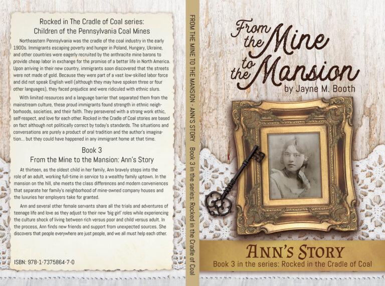 The cover of the book From the Mine to the Mansion, featuring a black and white portrait of a young woman in a gold frame, sitting on a table beside a key on a table with a crocheted runner.