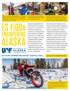 The flyer for ES100 that shows students working on projects