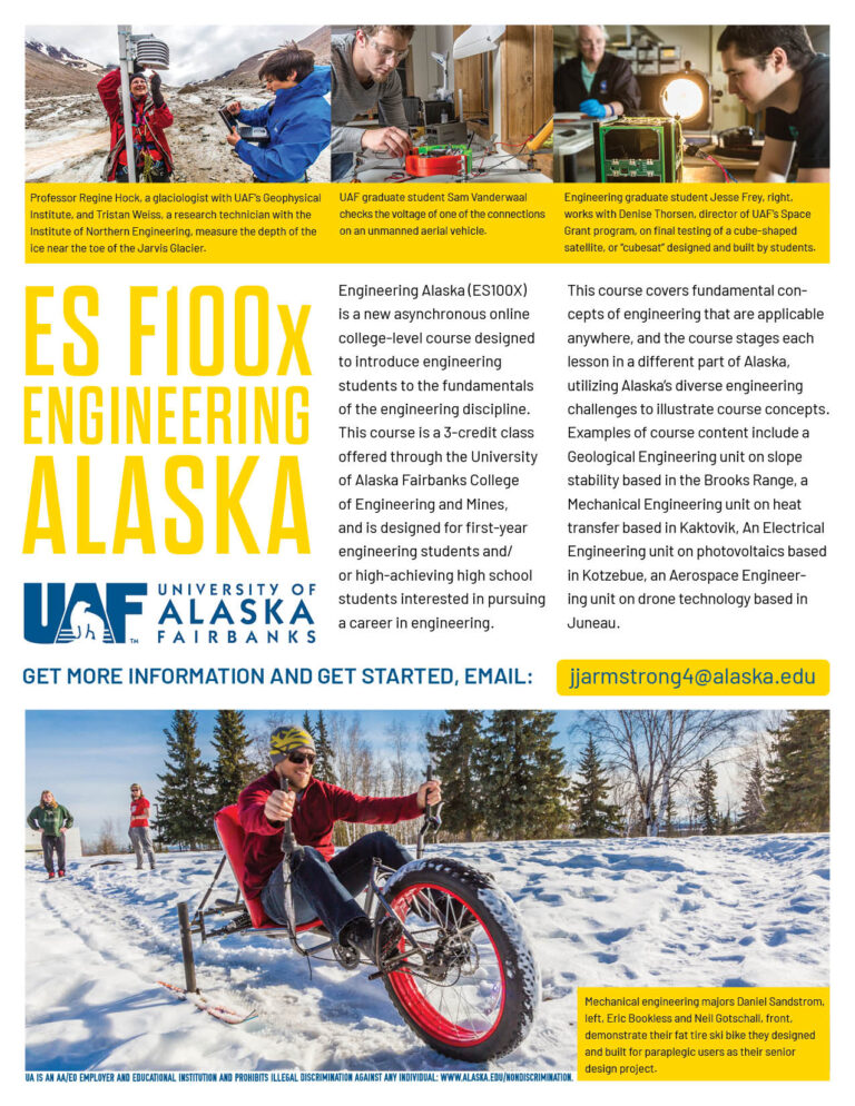 The flyer for ES100 that shows students working on projects