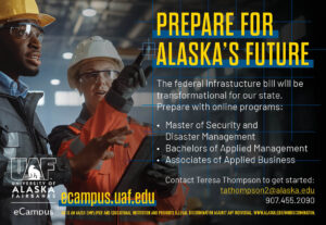 The ad features two workers talking in an industrial setting.