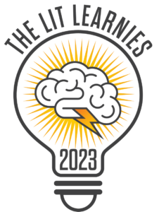 The 2023 Learnies logo featuring a stormcloud shaped like a brain, inside of a lightbulb