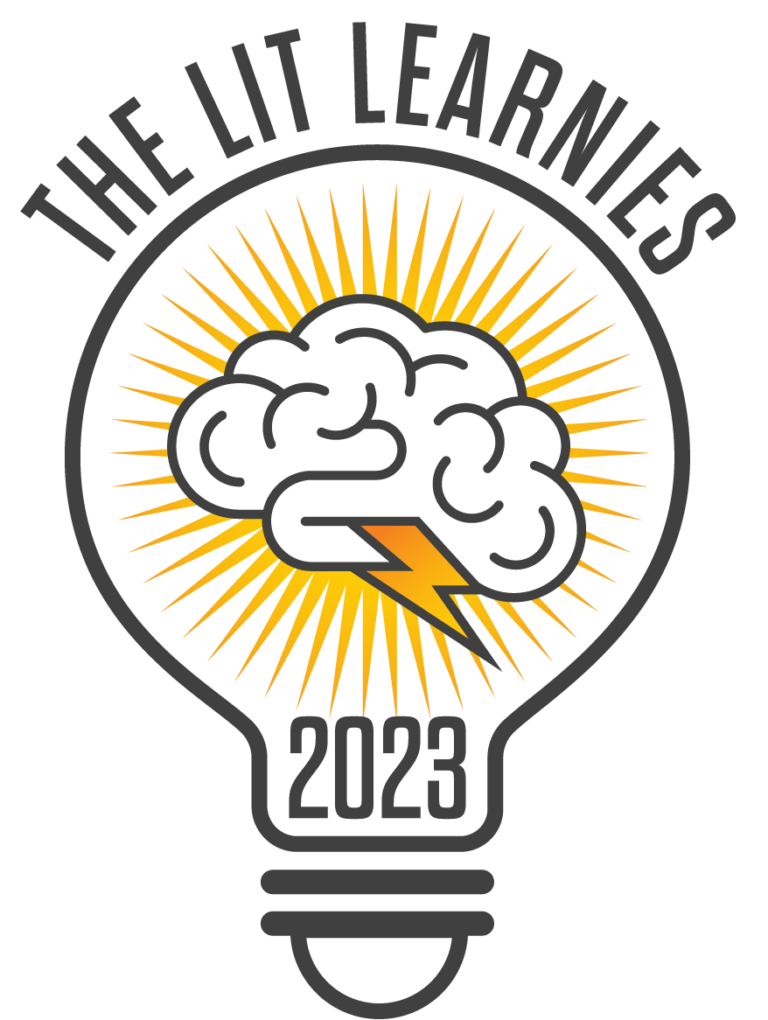 The 2023 Learnies logo featuring a stormcloud shaped like a brain, inside of a lightbulb
